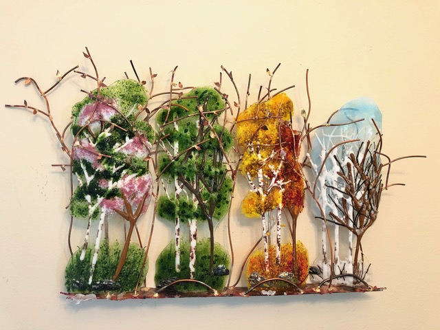 Lead image of the AnnaRhonda room: a Four Seasons piece with fused glass on a copper armature, by Annie Dotzauer and Rhonda Waters.