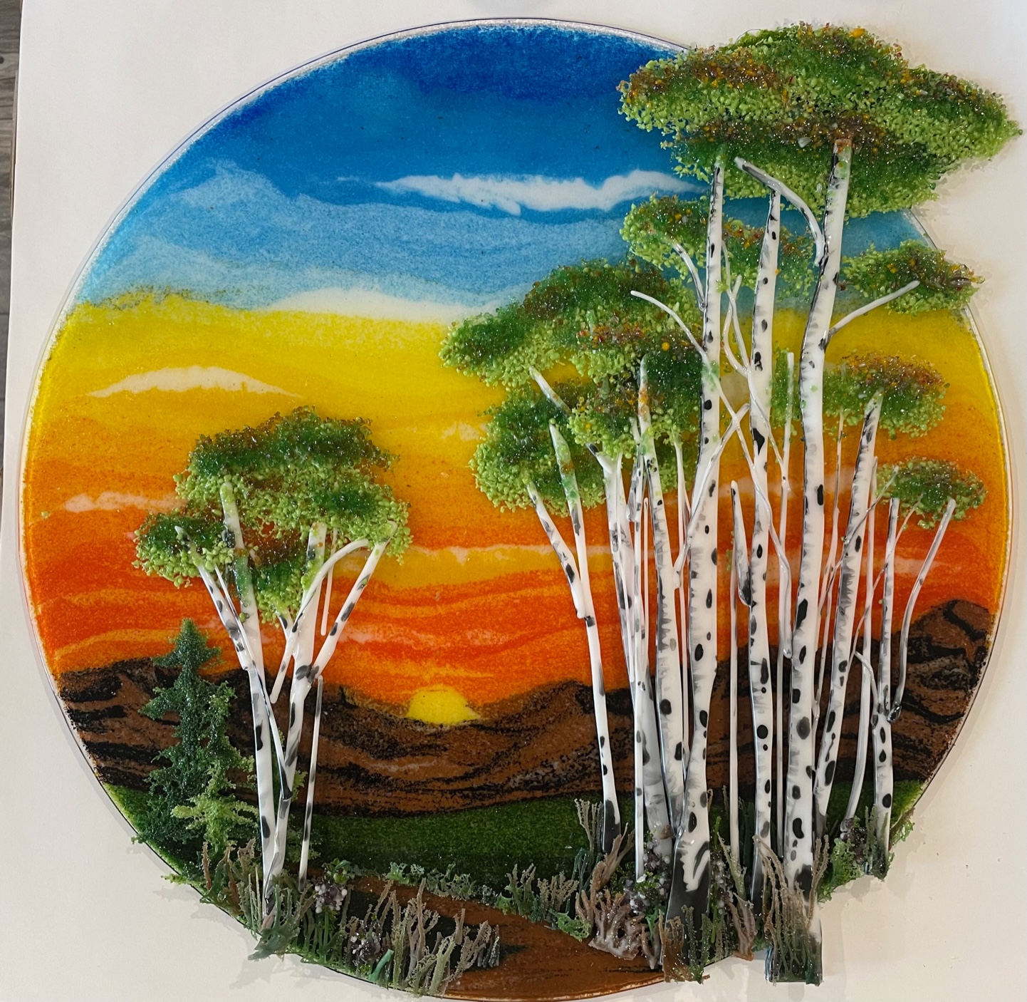 Lead image of the Fire room: aspens at sunset in fused glass.