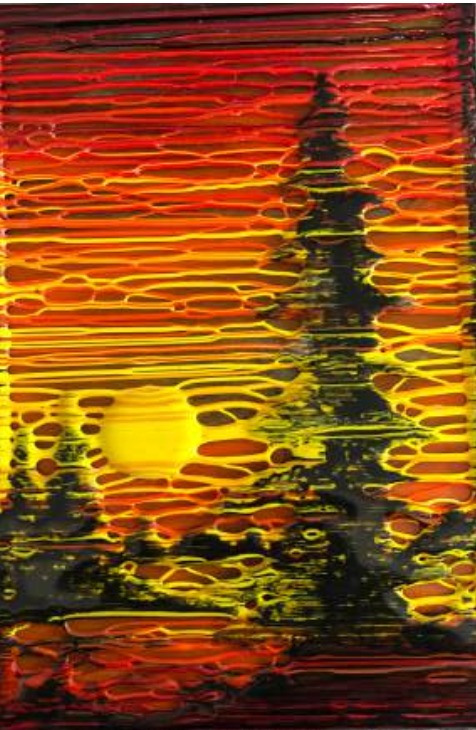 Controlled Stringer Technique: a sunset and tree silhouette made entirely from melted glass stringers.