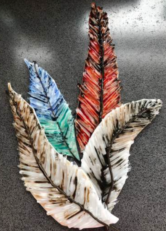 Scrap Glass Feathers free tutorial cover: four fused-glass feathers in red, blue and teal, and white and brown, made from scrap glass.