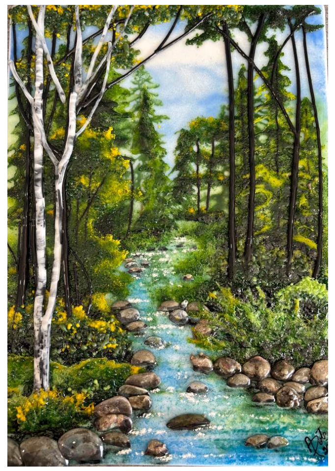 Forest Tranquility Tutorial cover: a quiet fused-glass tree-scene landscape panel.