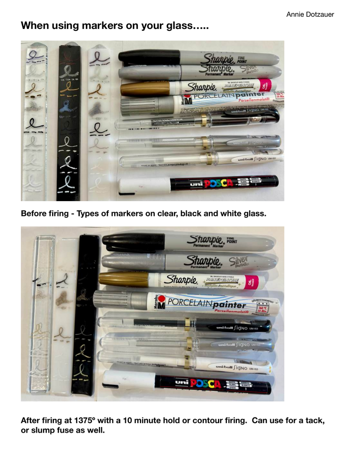 Markers on Glass free tutorial cover: photos of Sharpie, Posca, and other markers before and after firing on clear, black, and white glass.