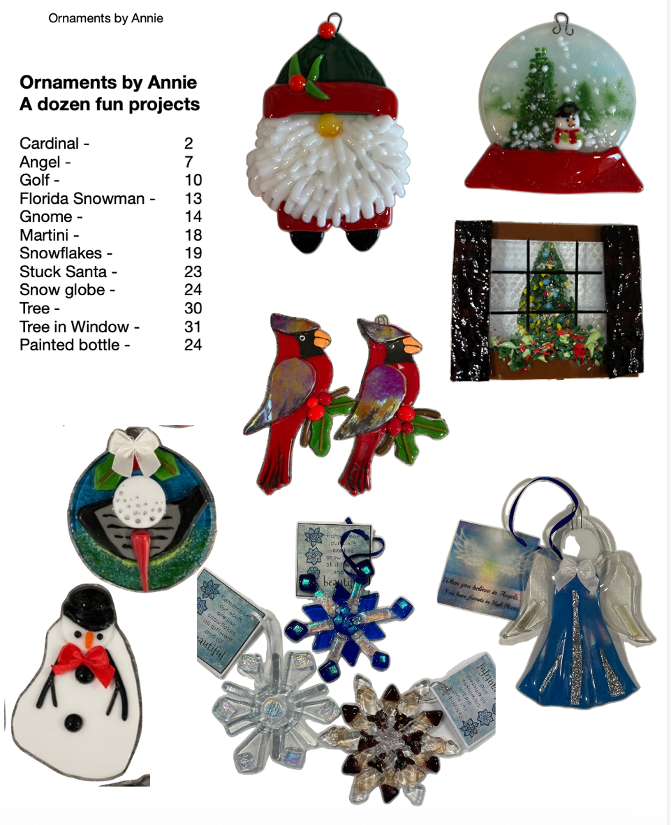 The Ornament Book: a contents page showing a dozen fused-glass ornament projects by Annie.