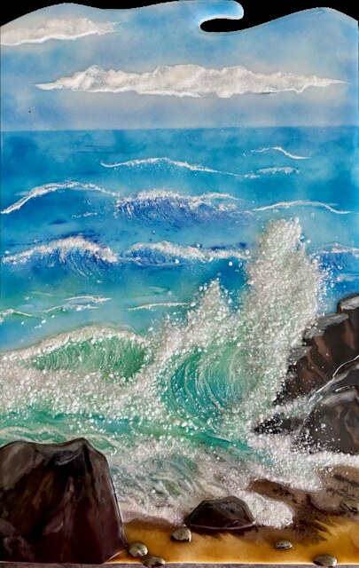 Seascapes in Glass tutorial cover: a fused-glass ocean scene with a wave breaking into white surf over rocks.