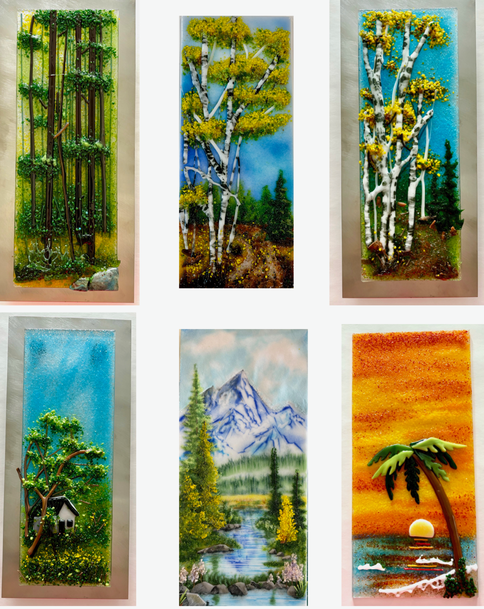Trees Tutorial cover: a fused-glass landscape of tall trees with detailed branches and dappled light.