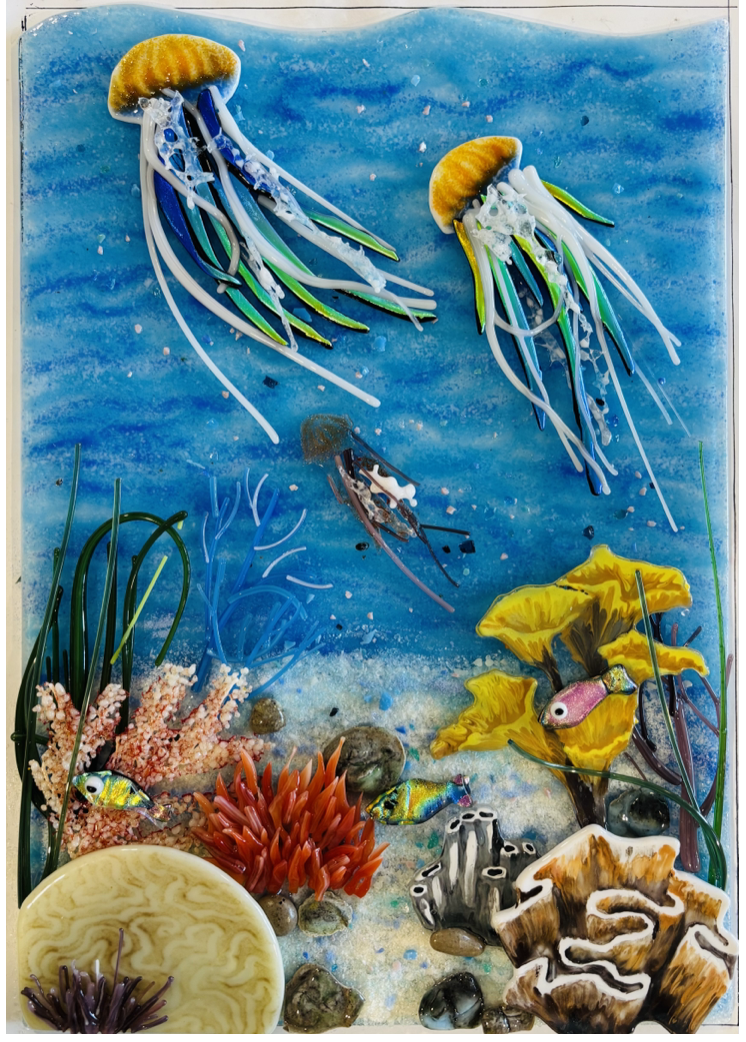 Underwater Scene Tutorial cover: a fused-glass underwater scene with coral, sea fans, and bubbles.