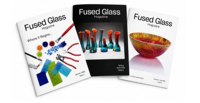 Three issues of Fused Glass Magazine fanned out: a cover with sheet glass and cutting tools, a cover with tall fused-glass vases, and a cover with a red and gold fused-glass bowl.