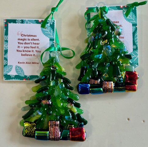 Christmas Tree: layered green fused-glass tree ornaments with dichroic glass presents stacked at the base.