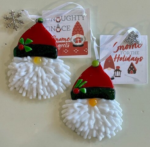Santa Gnome: fused-glass gnome ornaments with a red holly-trimmed hat and a shaggy white glass beard.