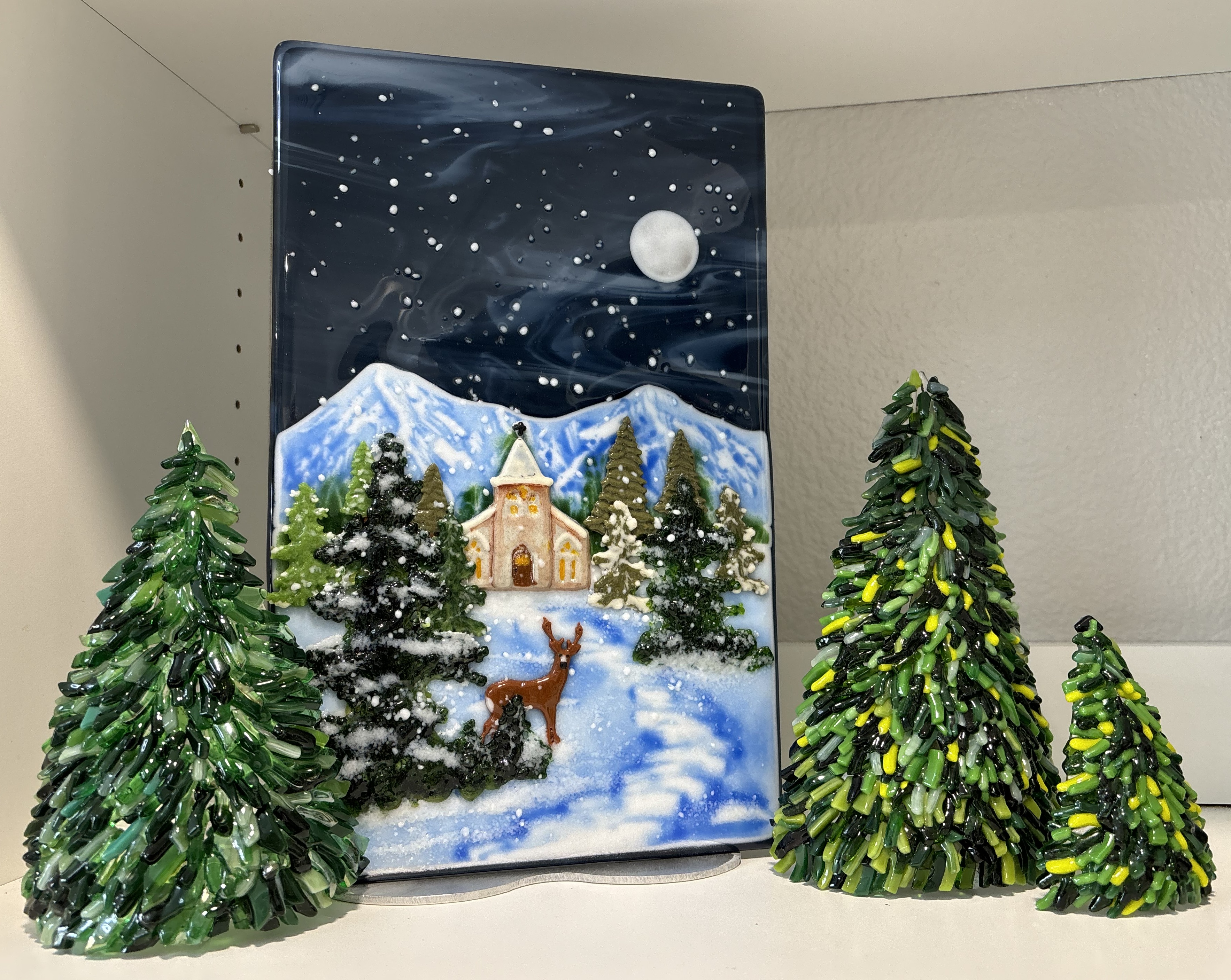 Lead image of the Snow room: a small church in winter, fused glass.
